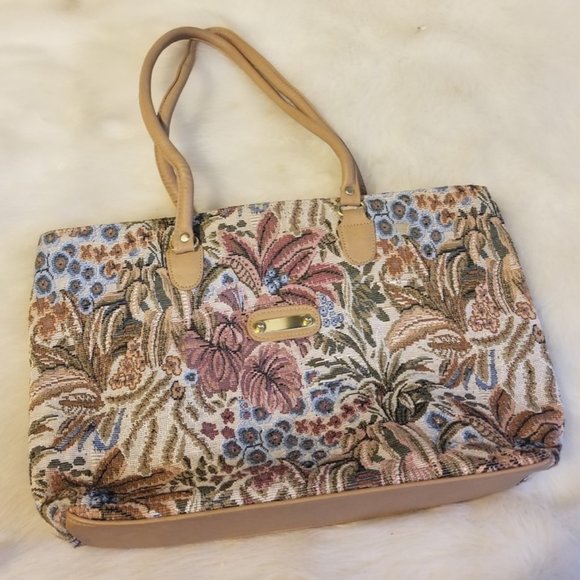 Handbags - Tapestry Floral Themed Purse Leather Trim